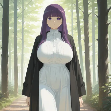 masterpiece, ultra-HD, impressionism, high detail, dynamic lighting, best quality, very aesthetic, 8k, best quality, beautiful, 1girl, solo, FernCasual, purple hair, long hair, purple eyes, bright pupils, blunt bangs, hime cut, huge breasts, narrow waist, ...
