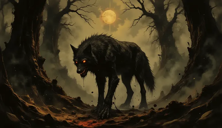Black wolf, ferocious, vicious, nighttime, foggy, twisted forest background, high detail, masterpiece.