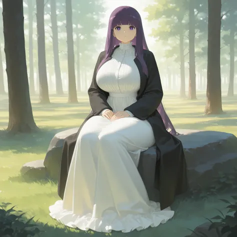 masterpiece, ultra-HD, impressionism, high detail, dynamic lighting, best quality, very aesthetic, 8k, best quality, beautiful, 1girl, solo, FernCasual, purple hair, long hair, purple eyes, bright pupils, blunt bangs, hime cut, huge breasts, narrow waist, ...