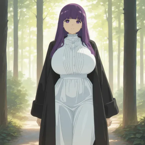 masterpiece, ultra-HD, impressionism, high detail, dynamic lighting, best quality, very aesthetic, 8k, best quality, beautiful, 1girl, solo, FernCasual, purple hair, long hair, purple eyes, bright pupils, blunt bangs, hime cut, huge breasts, narrow waist, ...