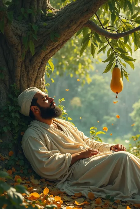 একটা মুসলিম লোক বট গাছের নিচে শুয়ে ঘুমিয়ে আছে তার নাকের উপর একটা ফল পড়ছে লোকটার নাকের পর পরছে লোকটির গায়ে জুব্বা মাথায় টুপি 