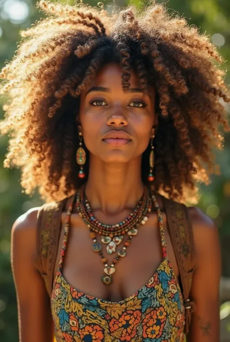 Pele morena dourada.

Cabelos cacheados, bulky and brown with natural gold highlights,  that reflect sunlight .

 reddish-brown eyes ,  with a vibrant glow .

Wear colorful clothes with Afro-Brazilian influence: saias longas ou shorts jeans, blouses printe...