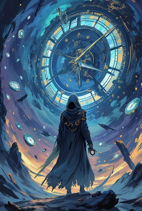 cinematic illustration, a mysterious dream hunter standing in a swirling dreamscape of shattered clocks, frozen stars, and broken hourglasses, wearing a long dark robe embroidered with gold time sigils, their face partially hidden under a wide hood, holdin...