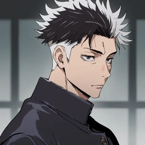 High resolution,  masterpiece,  Precise,  the best quality , very aesthetic, 1 boy, Alone, Jujutsu Kaizen academy uniform, Jujutsu kaizen style art, Jujutsu Kaizen academy background, black hair with large pieces of white hair, brown eyes, sullen expressio...