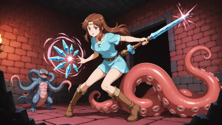 a woman with brown hair wearing a circlet short tunic and tall hide boots, wielding a short rod with a crystal tip, using magic to seal a tentacle monster, in a red brick dungeon, in full view in a highly detailed anime style