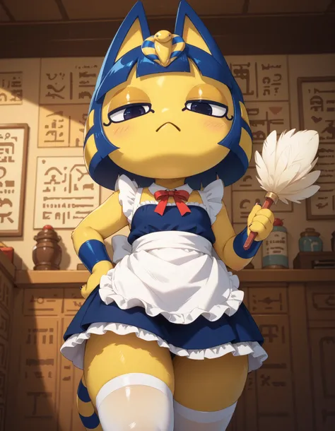 source_furry,ankha (animal crossing), close up, anthro furry,solo, (short maid dress), half closed eyes, (dynamic angle), (dutch angle), (holding a colored feather duster), (white thigh highs), (indoors), one hand on hip