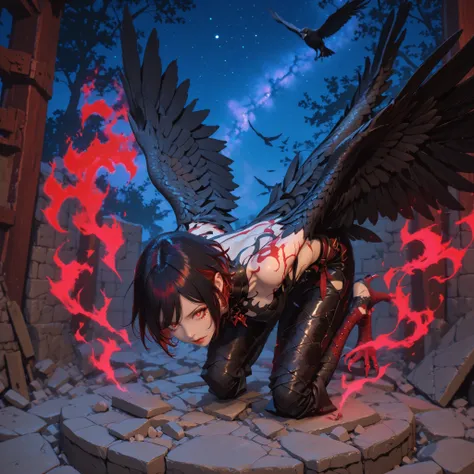A crow harpy girl. Black hair. Red hair accents. Short hair. Red eyes. Black wings. Hunched back. Snake tail. Red aura. Night sky. Rubble. A collapsed wall. Bricks. A small figure at her feet. A figure holding a weapon.