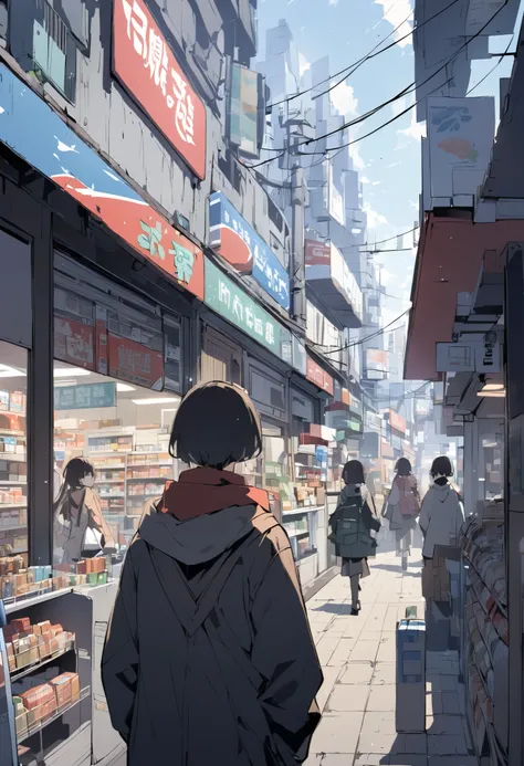 the environment is a modern city, without road, Concrete path , Convenience store , View from afar , Crowded street