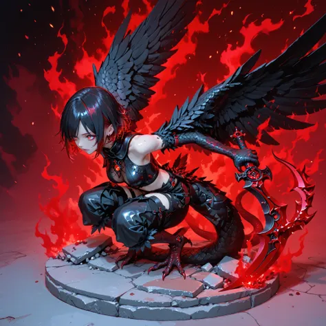A crow harpy girl. Black hair. Red hair accents. Short hair. Red eyes. Black wings. Hunched back. Snake tail. Red aura. Night sky. Rubble. A collapsed wall. Bricks. A small figure at her feet. A figure holding a weapon.