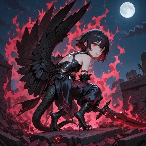 A crow harpy girl. Black hair. Red hair accents. Short hair. Red eyes. Black wings. Hunched back. Snake tail. Red aura. Night sky. Rubble. A collapsed wall. Bricks. A small figure at her feet. A figure holding a weapon.