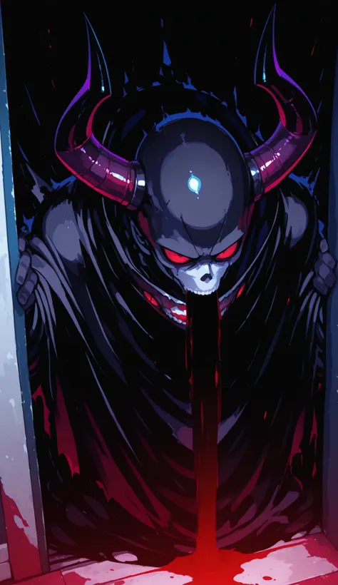 Nightmare Catcher, The Nightmare Catcher is sucking up the totally black entity with red eyes, the entity is compared to a huge shadow with horns in a heavy environment with low light