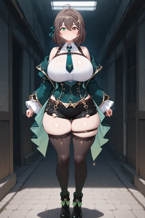 Solo, Meica05, big breasts, small waist, wide hips, big ass, heterochromia, green eyes, (brown eye), brown hair, short hair, hair ornament, hair between eyes, braid, ahoge, ribbon hair, green ribbon, green necktie, off shoulder, green dress, long sleeves, ...