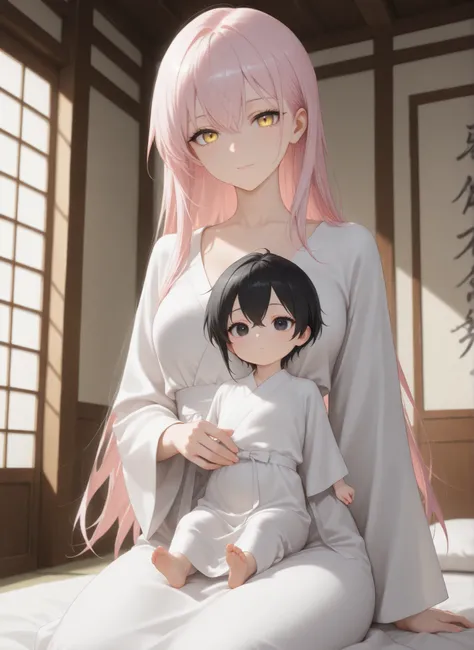 obra maestra, newest, better resolution, HD Quality, good lighting, safe. beautiful, anime, good anatomy, Japanese woman, .  Pale pink hair , Hair below the shoulders. Golden-yellow eyes, dark eyelashes, piel clara, slim build, Medium Breasts Size D. She i...