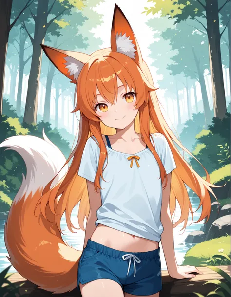 (absurdres ,highres), (high quality, best quality), (masterpiece:0.5), 1girl, solo, (cute, petite:0.8), (flat chest:0.7), (skinny:0.5), (pale skin:0.5), BREAK orange eyes, looking at viewer, orange hair, fox ears, animal ears, smile, fox tail, outdoors, fo...
