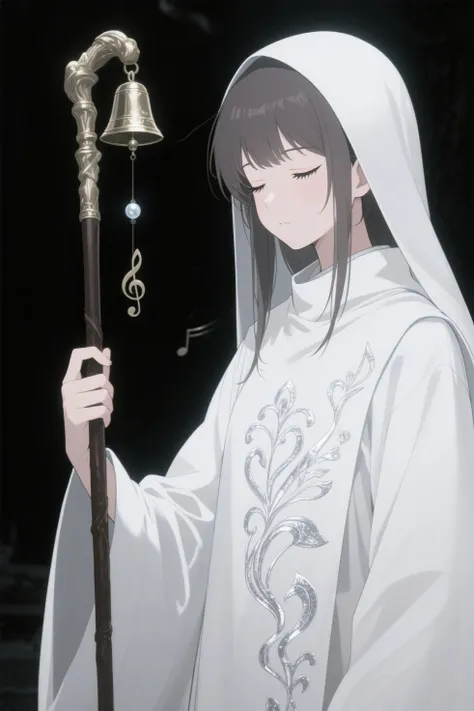 ( anime,Highest Quality、 masterpiece)、 1 girl、 beautiful girl、 the bell of the cane emits an inperceptible frequency（often closes its eyes）
figure: holding a cane with a bell that rotates quietly { x} Wear a simple white monk's uniform with a serene pattern embroidered with silver thread。constantly chanting or humming melodies without words。which is the source、is contained in a single bead。
 Ability: and eventually becomes sedated、at the tip。constantly chanting or humming melodies without words、has gentle facial features。seijaku yomi「reverberation of dissonance」It loses its power、disrupts the structure of the nightmare、nightmare silence hunter's hymn
