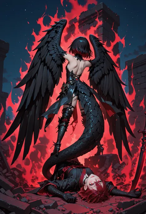 A crow harpy girl. Black hair. Red hair accents. Short hair. Red eyes. Black wings. Hunched back. Snake tail. Red aura. Night sky. Rubble. A collapsed wall. Bricks. A small figure at her feet. A figure holding a weapon.
