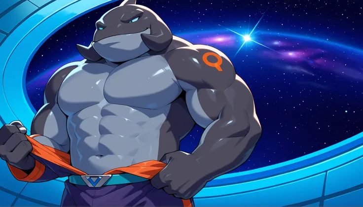 Gantu, topless, no nipples, getting undressed, attractive, handsome, soft smile, happy, space lab, geometric pattern