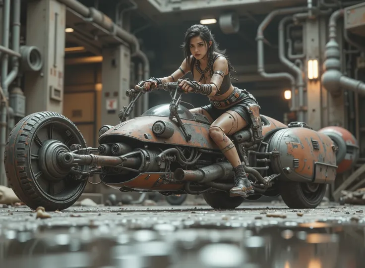 cinematographic photograph using the rule of thirds and composition on planes Photo a 3/4 full body shot counterposed at ground level,  soft light, unmarked contrasts, a retro-futuristic flying motorcycle (Speeder bike) Flying ( bike) inspired by motorcycl...