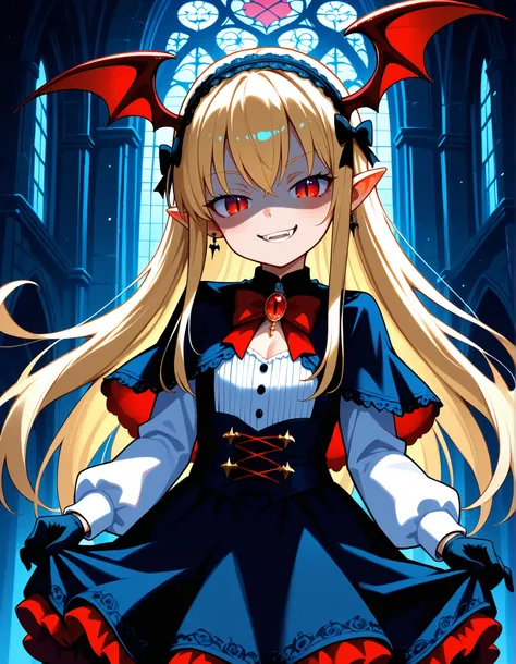 VaniVampy, vampy, vampire girl, 1girl, solo, very long blonde hair, bangs, red eyes, head wings, pointy ears, fangs, slit pupils, black dress, gothic, long sleeves, frills, frilled dress, puffy long sleeves, hairband, hair bow, black earrings, cleavage cut...