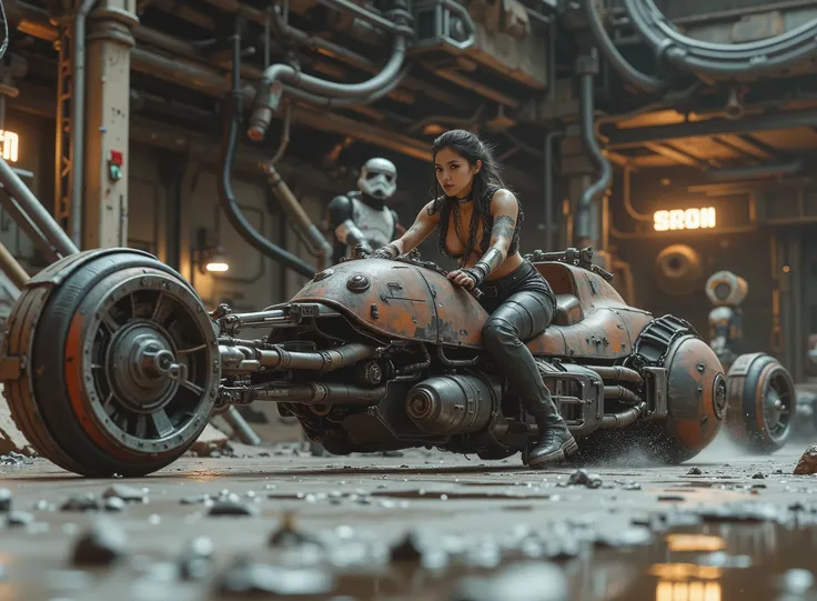 cinematographic photograph using the rule of thirds and composition on planes Photo a 3/4 full body shot counterposed at ground level,  soft light, unmarked contrasts, a retro-futuristic flying motorcycle (Speeder bike) Flying ( bike) inspired by motorcycl...