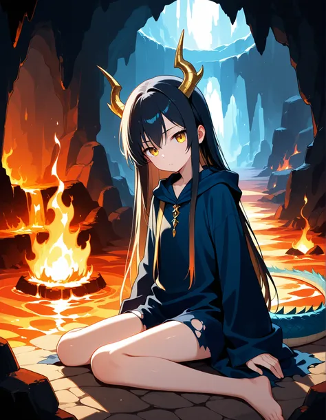 A young half-dragon girl sits in a cave surrounded by fire and lava,skinny and fragile,
gold eyes,looking at viewer,
long hair,black hair,
dragon girl,dragon horns,dragon tail,
indoors,dungeon,
torn clothes,robe,
bare legs,
molten rock,fire,burning,