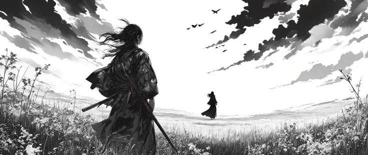 A hyper-detailed black and white manga panel in the realistic and emotional style of Takehiko Inoue’s Vagabond. The scene must convey deep melancholy and cinematic intensity. In the foreground, the main male character — a samurai — is shown clearly from be...