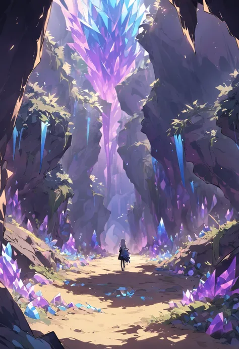 the environment is a large cave, with purple geometric cubic crystals, Yellow veins in the soil, and blue foliage