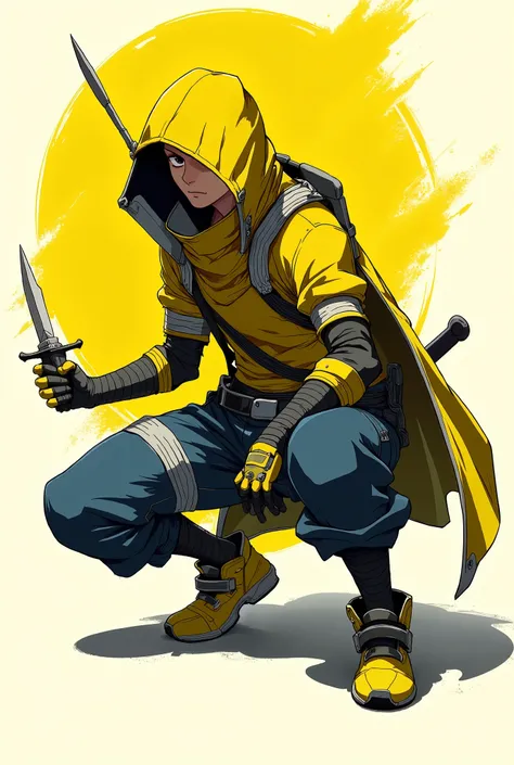 "A sleek, agile rogue assassin character crouching in a stealthy pose, ready to strike. The character should have a stealthy outfit with dark leather armor, a yellow turtle neck hood, and dual daggers. The rogue’s stance should convey speed and stealth, wi...