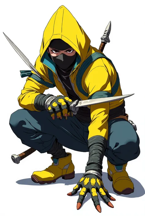 "A sleek, agile rogue assassin character crouching in a stealthy pose, ready to strike. The character should have a stealthy outfit with dark leather armor, a yellow hood, and dual daggers. The rogue’s stance should convey speed and stealth, with one dagge...