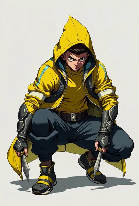 "A sleek, agile rogue assassin character crouching in a stealthy pose, ready to strike. The character should have a stealthy outfit with dark leather armor, a yellow turtle neck hood, and dual daggers. The rogue’s stance should convey speed and stealth, wi...