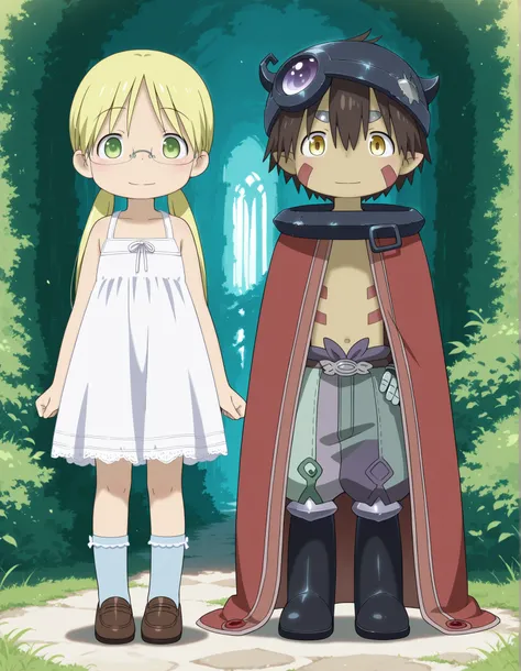 miabyss,, made in abyss,, 1girl, mabyss, riko \(made in abyss\), blonde hair, green eyes, glasses, low twintails, white dress, blue socks, thigh socks, brown shoes, female , looking at viewer, , light smile, BREAK 1boy, mabyss, regu \(made in abyss\), brow...