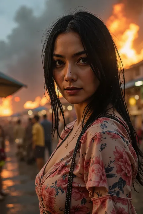 A beautiful and fierce Indonesian woman with a light wound on her face (a thin trail of blood on her cheek), gazing intensely with deep emotion. She's wearing a tight floral-patterned daster, soaked from the rain. The background is a ruined and burning tra...