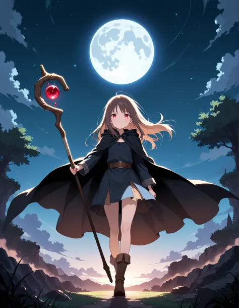 1girl,(skinny and frail:0.5),
red eyes,looking at viewer,
brown hair,long hair,floating hair,
black cloak,floating cape,
mage staff,
night sky,full body,
moon,
masterpiece,best quality,amazing quality,
cinematic,