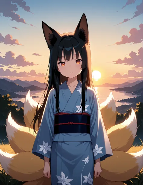 1girl, (skinny and frail:0.5),
kitsune,
looking at viewer,
black hair, long hair,
fox ears, multiple tails, 
yukata, 
sunset, 
(young),
cinematic, detailed, contrast,
masterpiece,best quality,amazing quality,