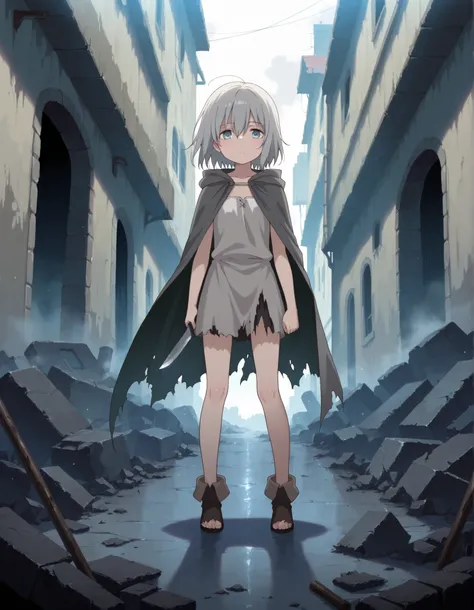 A girl in a gray, worn, torn cape holds a knife in her hand, with a ruined city in the background,
(skinny and frail:0.7),
torn cloak, torn clothes, torn dress, 
(petite:0.5),
torn footwear, 
masterpiece,best quality,amazing quality,
general,
