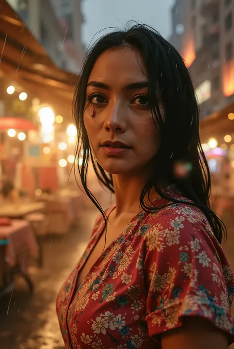 A beautiful and fierce Indonesian woman with a light wound on her face (a thin trail of blood on her cheek), gazing intensely with deep emotion. She's wearing a tight floral-patterned daster, soaked from the rain. The background is a ruined and burning tra...