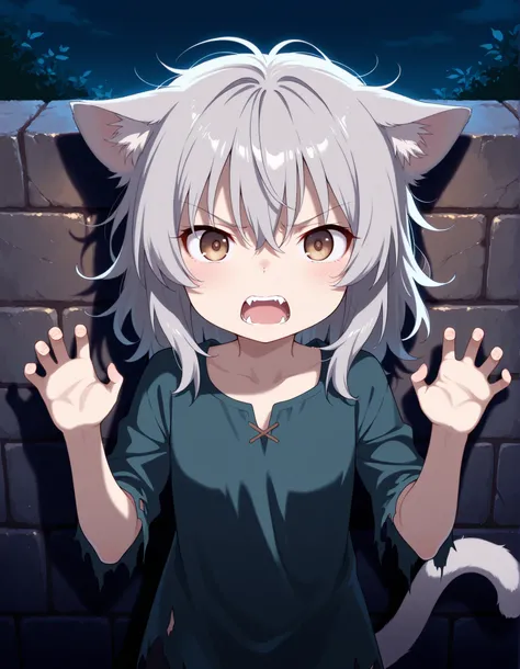 1girl,petite,(skinny and frail:0.7),
cat girl,against wall,stone wall,
brown eyes,looking at viewer,
grey hair,medium hair,messy hair,
angry,(scared:0.4),(open mouth:0.5),fangs,hands up,(tearing up:0.5),
tail raised,
torn clothes,
straight-on,
dark,night,o...
