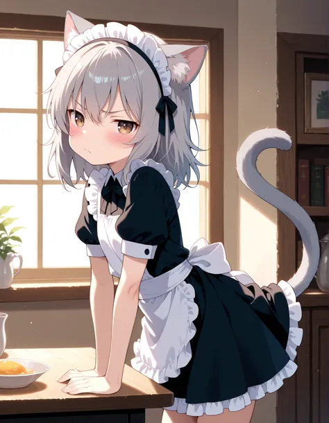 1girl,petite,(skinny and frail:0.7),
cat girl,maid,
brown eyes,looking at viewer,
grey hair,medium hair,
blush,annoyed,
tail raised,
indoors,
grey tail,
masterpiece,best quality,amazing quality,