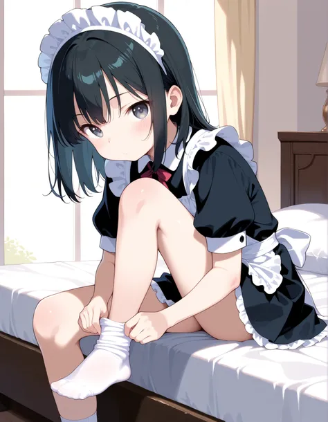1girl,(petite,cute:0.4),(skinny and frail:0.5),
(looking at viewer:0.8),
black hair,medium hair,
maid,
miniskirt,
single bare foot,
sitting,on bed,dressing,socks,putting on legwear,white socks,
masterpiece,best quality,amazing quality,