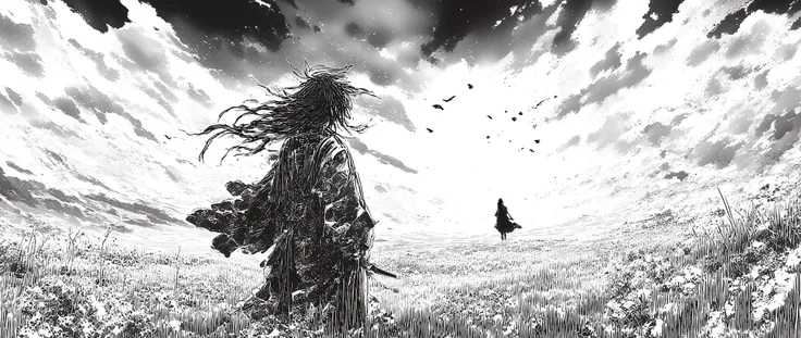 A hyper-detailed black and white manga panel in the realistic and emotional style of Takehiko Inoue’s Vagabond. The scene must convey deep melancholy and cinematic intensity. In the foreground, the main male character — a samurai — is shown clearly from be...