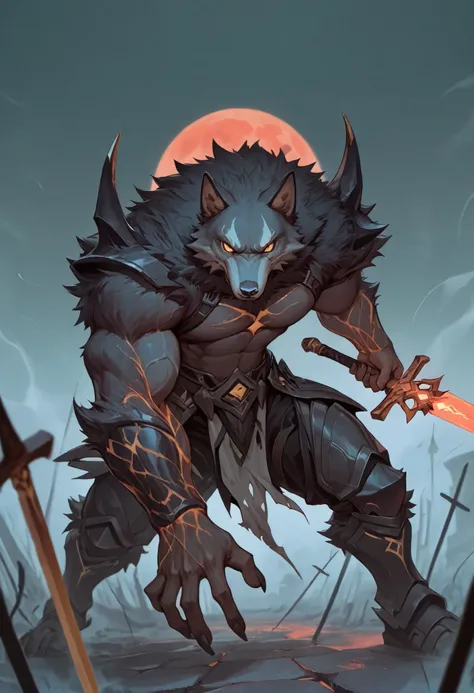 realistic, real shadow and light,depth of field, looking at the viewer, Athletic body, strong arm and veins, commission for high res, anthropomorphi there is a black wolf, dark fur, fluffy, bara furry, pointy nose, holy knight, holy knight armor, Excalibur...
