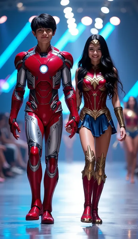 character: 1 boy black hair wearing futuristic light red Ironman body suit with silver armor futuristic blue accents , and 1 girl black hair Long with Bangs Wearing futuristic wonder woman body suit with silver armor futuristic blue accents. Their facial ...