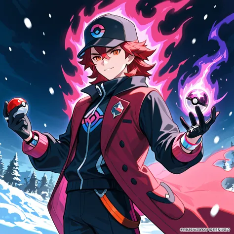 score_9, selvagem, futuro twilight sparkle, Fifteen years boy,male character, solo boy, confident expression. Raised hair, short medium hair, baseball cap with a symbol of pokeball, red hair, beautiful face, orange eyes, black jersey, loose red short-sleev...