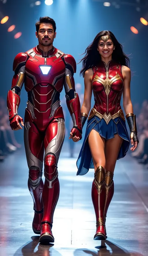 character: young man black hair wearing futuristic light red Ironman body suit with silver armor futuristic blue accents , and young woman black hair Long with Bangs Wearing futuristic wonder woman body suit with silver armor futuristic blue accents. The...