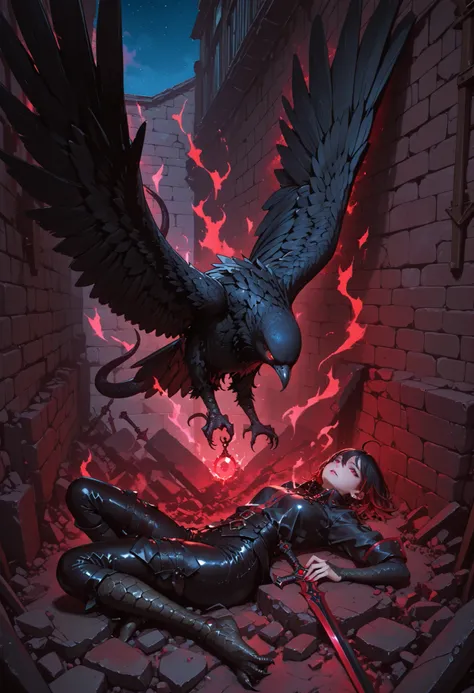 A crow harpy girl. Black hair. Red hair accents. Short hair. Red eyes. Black wings. Hunched back. Snake tail. Red aura. Night sky. Rubble. A collapsed wall. Bricks. A small figure at her feet. A figure holding a weapon.