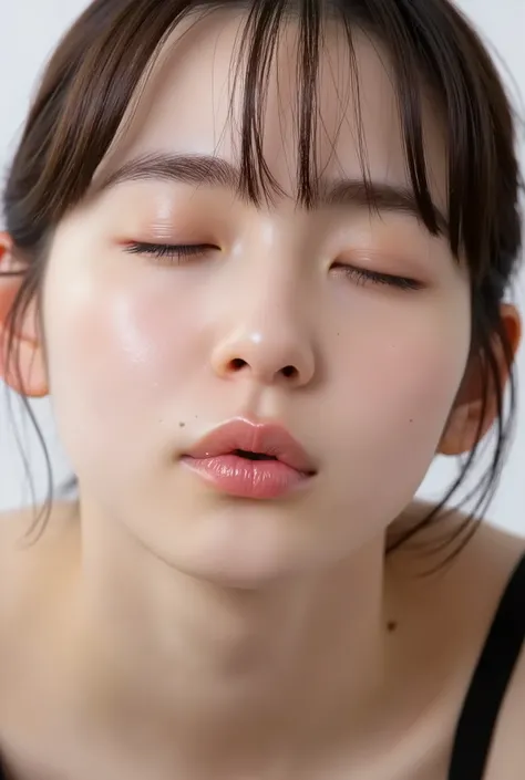ultra-detailed close-up of a beautiful modern girl, collarbone-up composition, white studio background, soft natural lighting, soft focus on background, 
camera angle slightly elevated (about 60 degrees), subject's chin gently raised, head and face facing ...