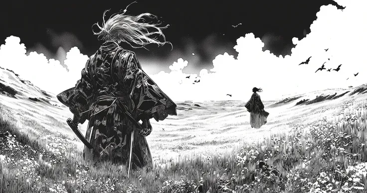 (hyper-detailed black and white seinen manga panel), ((Takehiko Inoue’s Vagabond style)), (((realistic anatomy))), ((emotional depth)), ((cinematic melancholy)), (crosshatching), (chiaroscuro contrast), (dense lineart), (rich texture), (traditional ink sty...