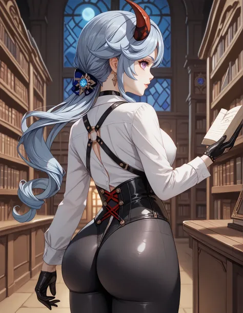 source_anime, 1 adorable girl, ((Adorable girl's face)), short stature, Alone, standing,  ((view from behind)), ((approach from behind)), ( big ass :1.1), old library, candelabras, ((at night)), (hired, genshin impact), looking at the spectator, huge breas...