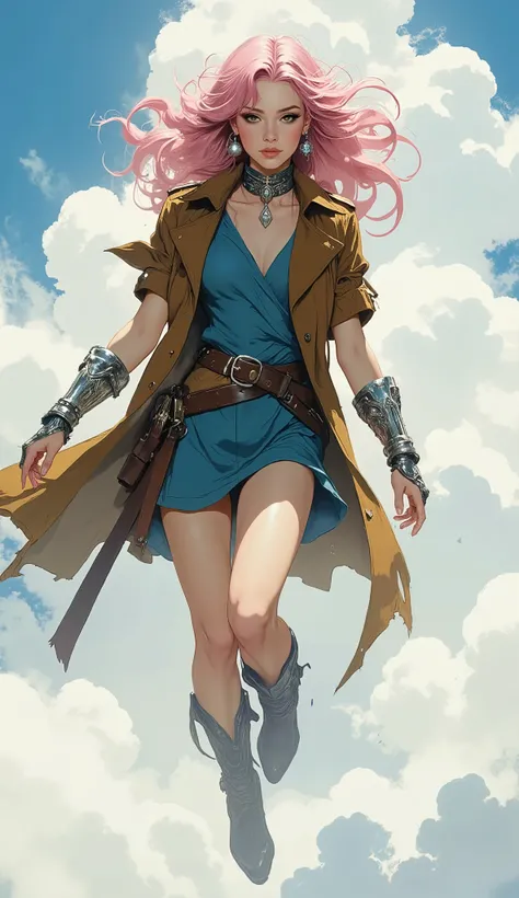 A stunning young woman, her face a delicate oval, framed by cascading long, curly pink hair. Slender eyebrows arch over crystal-clear eyes that hold a captivatingly dazed yet innocent gaze; fair skin. She wears a knee-length, tight-fitting, short-sleeved b...