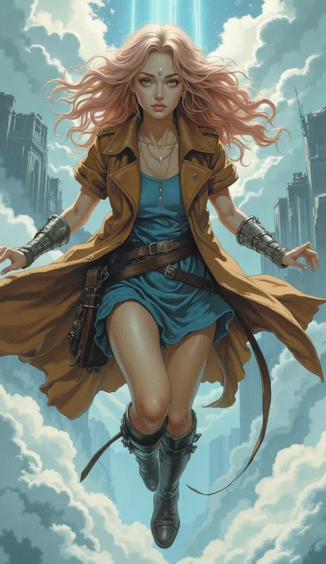 A stunningly beautiful young woman, pure innocence, oval face, delicate features, fair porcelain skin. Voluminous, rose-quartz pink curly long hair. Slim eyebrows, crystal clear dazed ethereal eyes.
Clothed in a knee-length, tight short-sleeved trench coat...